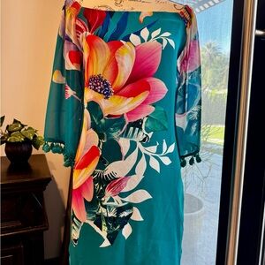 Trina Turk Teal Floral Dress with Tassels